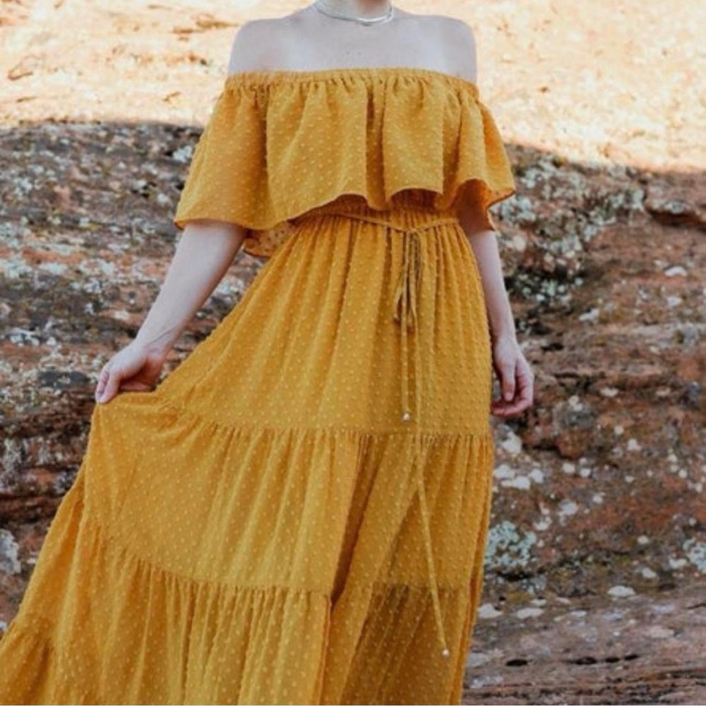 Baltic Born Victoria Mustard Swiss Dot Maxi Dress L Practical Magic Witchy Boho